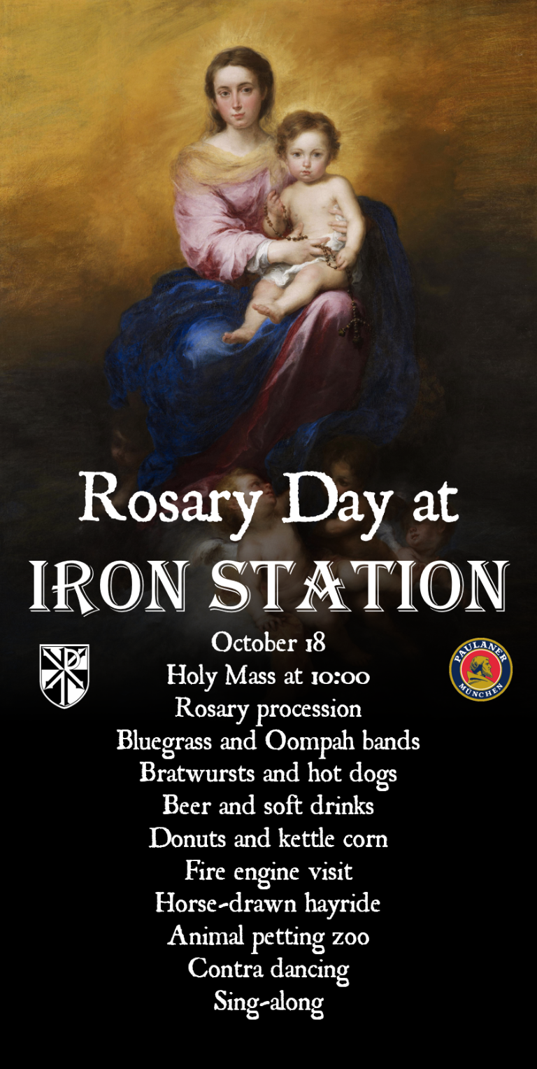 Rosary Day at Iron Station on October 18. Holy Mass at 10:00, followed by a rosary procession, music, food, and family activities.